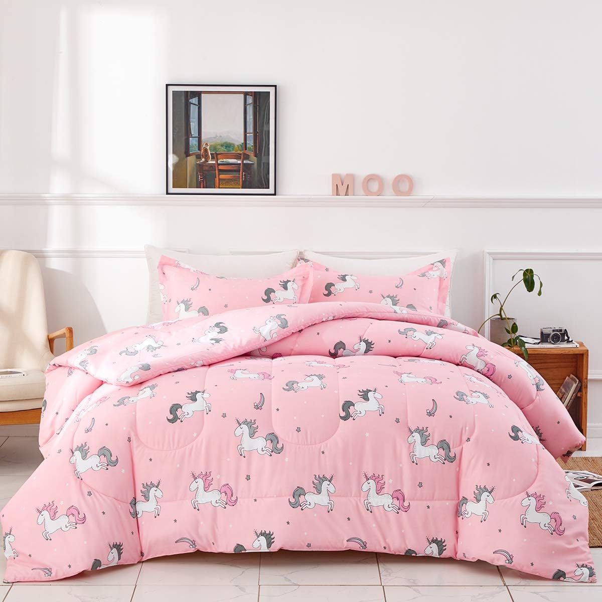 UOZZI BEDDING Unicorn Comforter Queen Pink with Stars and Rainbows 100% Microfiber Girls 88x88 Unicorns Girls Duvet Iinsert Cute All-Season Bed Comforters for Kids Teen Women