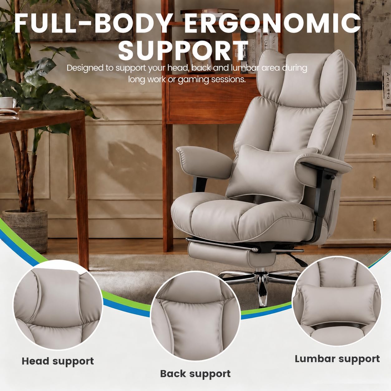 Efomao Silla de Oficina Ejecutiva con Reposapiés, Silla de Escritorio de Cuero PU con Respaldo Alto, Silla Reclinable y Giratoria con Reposabrazos Ajustables para Oficina en Casa