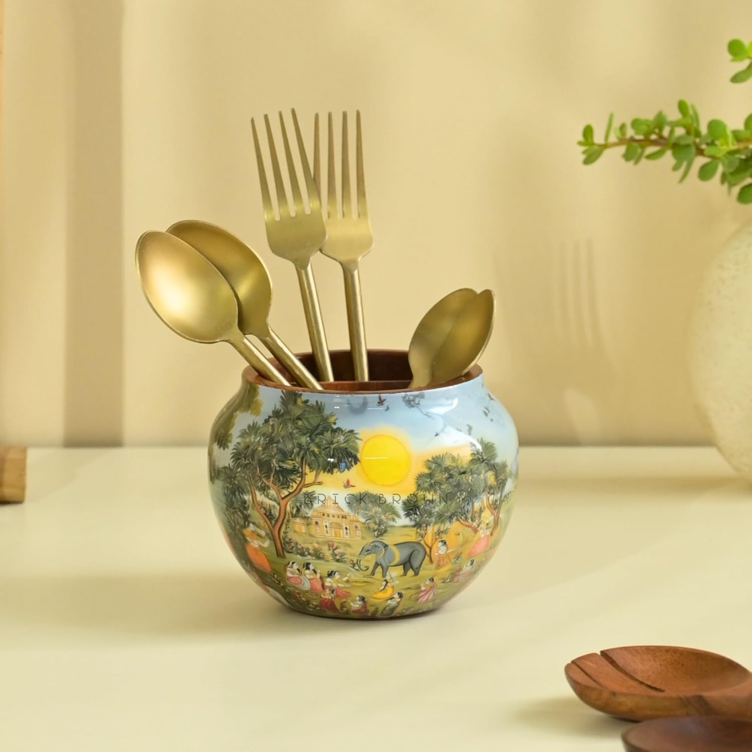 Brick Brown® Premium Wooden Saga Cutlery Holder Spoon Stand for Kitchen | Spoon Holder for Dining Table | Wooden Caddy Storage Organizer Stand with Removable Section Caddy Holder (5.7x5.7x4.5 inch)