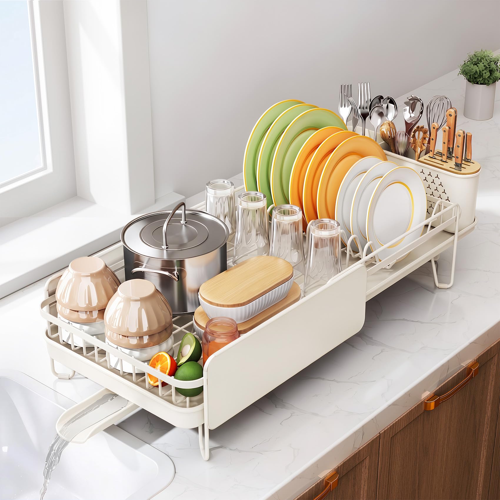 SNTD Large Dish Drying Rack for Kitchen Counter, Expandable, White