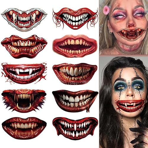Maquillaje de broma de Halloween, tatuajes temporales para mujeres adultas, juego de 10 hojas con diseños de boca de payaso aterrador, dientes y cara