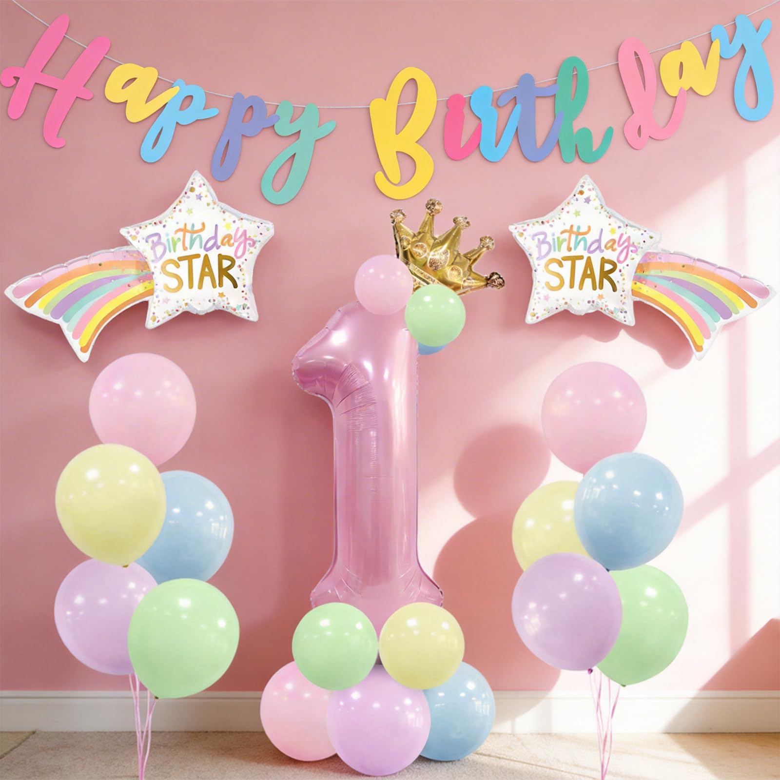 1st Birthday Decorations for Girls - Rainbow Theme Complete Party Set with Number 1 Balloon, 22 Latex Balloons, Banner & Crown for Baby Girl Birthday Party Decor