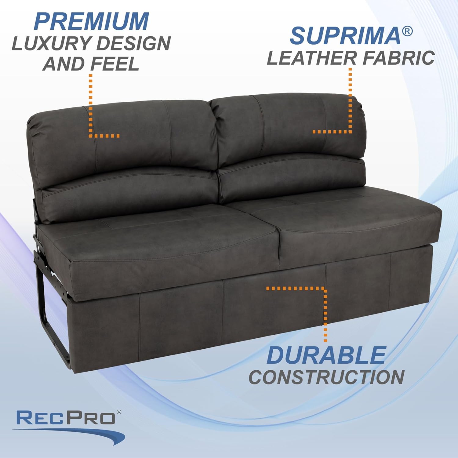 RecPro Charles RV Jackknife Sofa | Love Seat | Sleeper Sofa | Length Options 62", 68", 72" | 11" Legs and Hardware Included (62 Inch, Gunmetal)