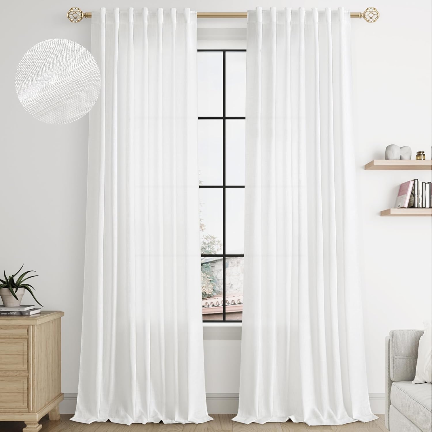 Off White Linen Curtains 108 Inch 2 Panels Set for Living Room Dining, Light Filtering Textured Curtain Extra Long Semi Sheer Modern Back Tab and Rod Pocket Farmhouse Boho Privacy Window Drapes, 9 FT