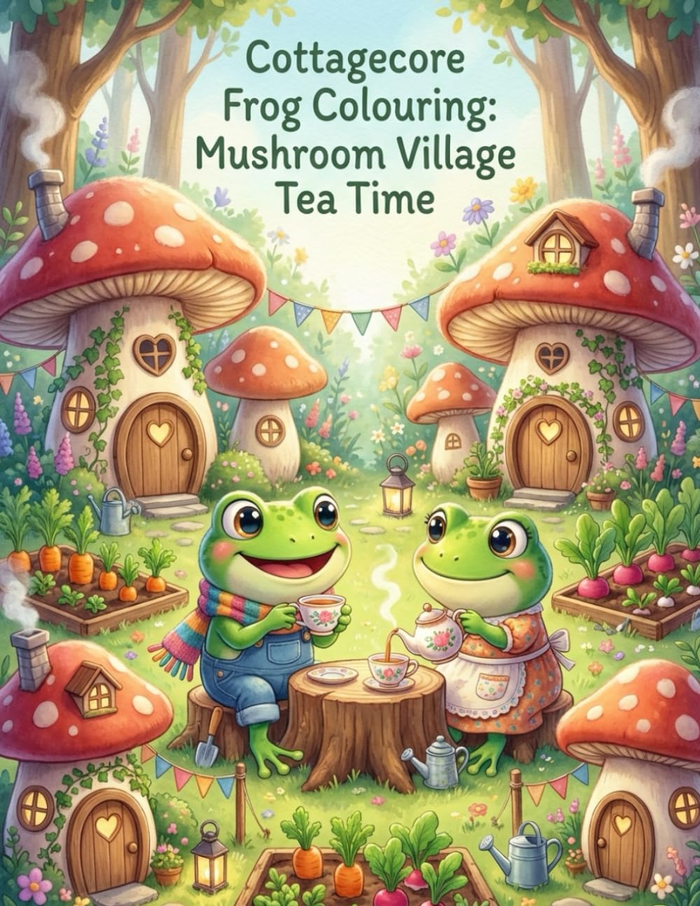 Cottagecore Frog: Mushroom Village Tea Time