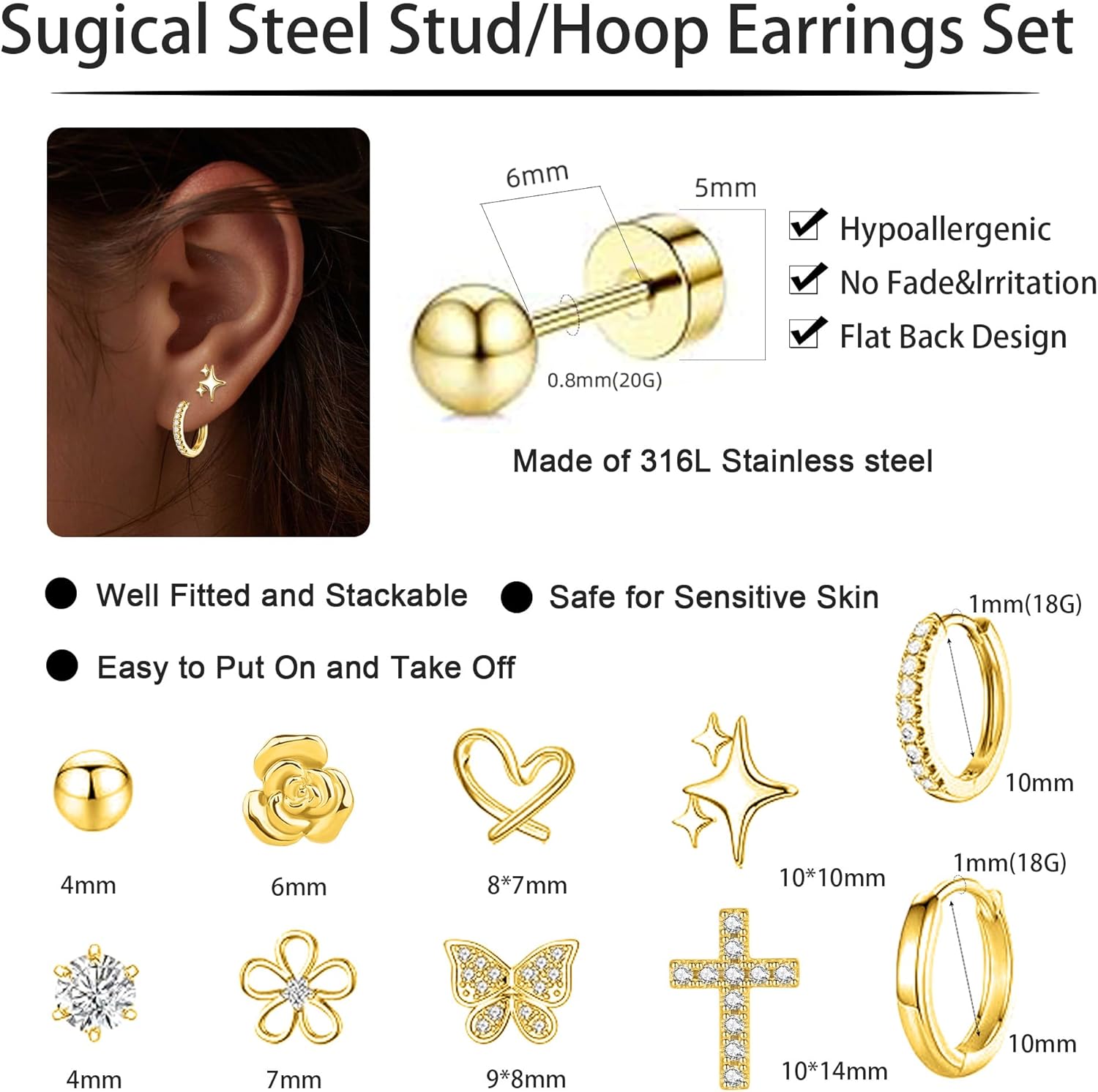 10 Pairs Hypoallergenic Flat Back Earrings For Women Girls Kids Cute Surgical Steel Huggie Hoop Stud Earrings Set CZ Flower Cross 316L Stainless Steel Screw Back Earring Jewelry Gift - Image 6