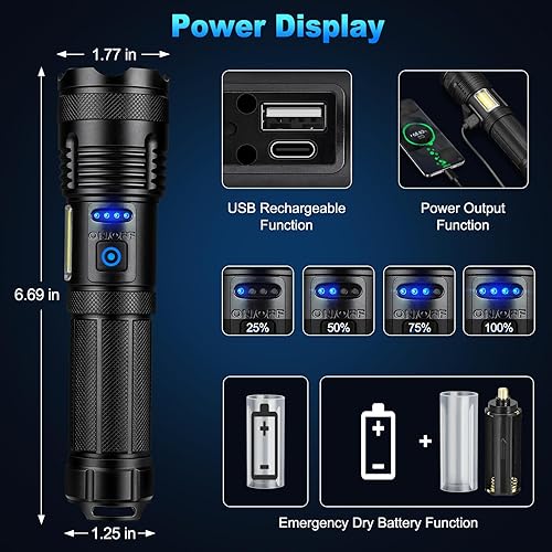 Miniatura 7 de KINGCAESAR Linternas de 90,000 lúmenes altos, paquete de 2, linterna recargable ultra brillante con 7 modos de luz, luz LED con batería de alta