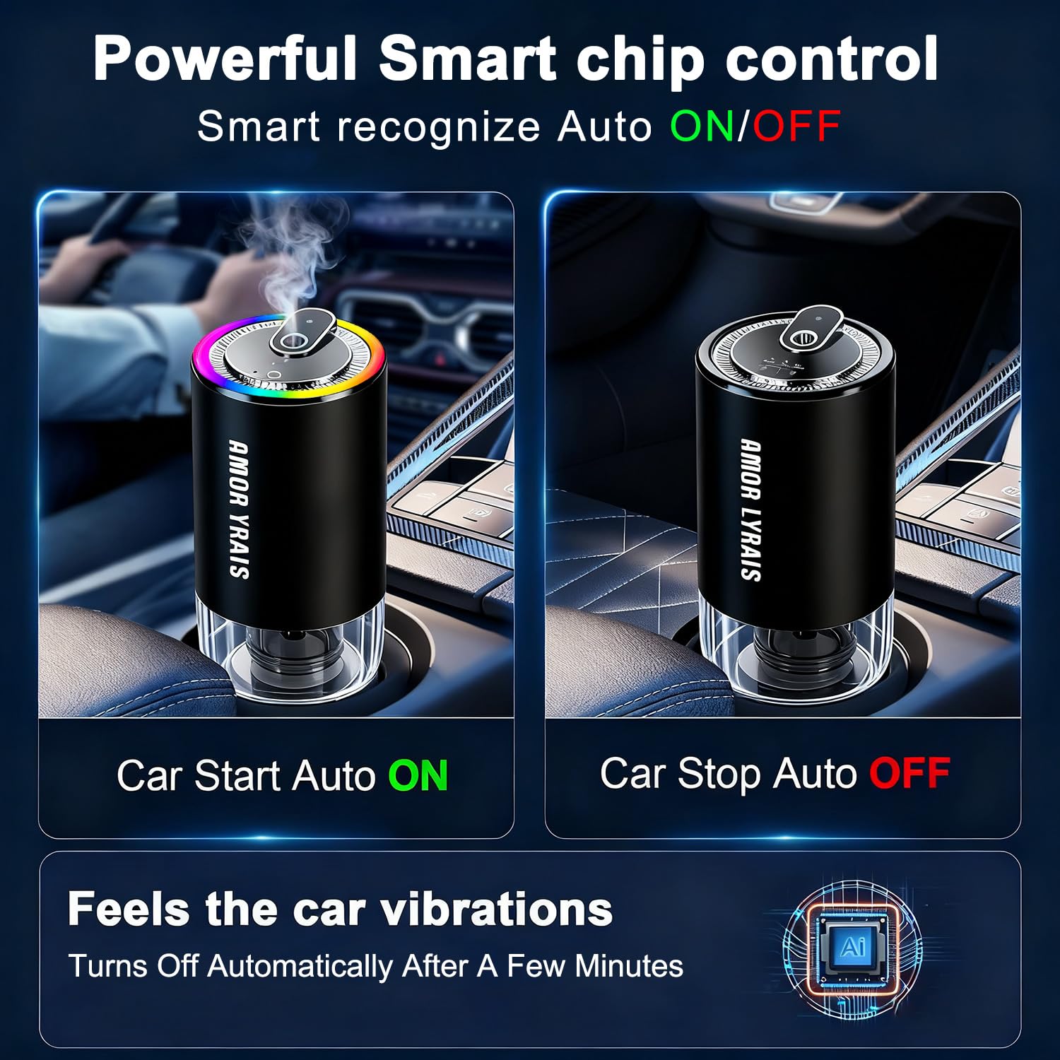 Ambientador inteligente para coche, ambientador de olor de coche, luces de sincronización de música, encendido/apagado automático, potente batería integrada, difusor ajustable para coche, niebla