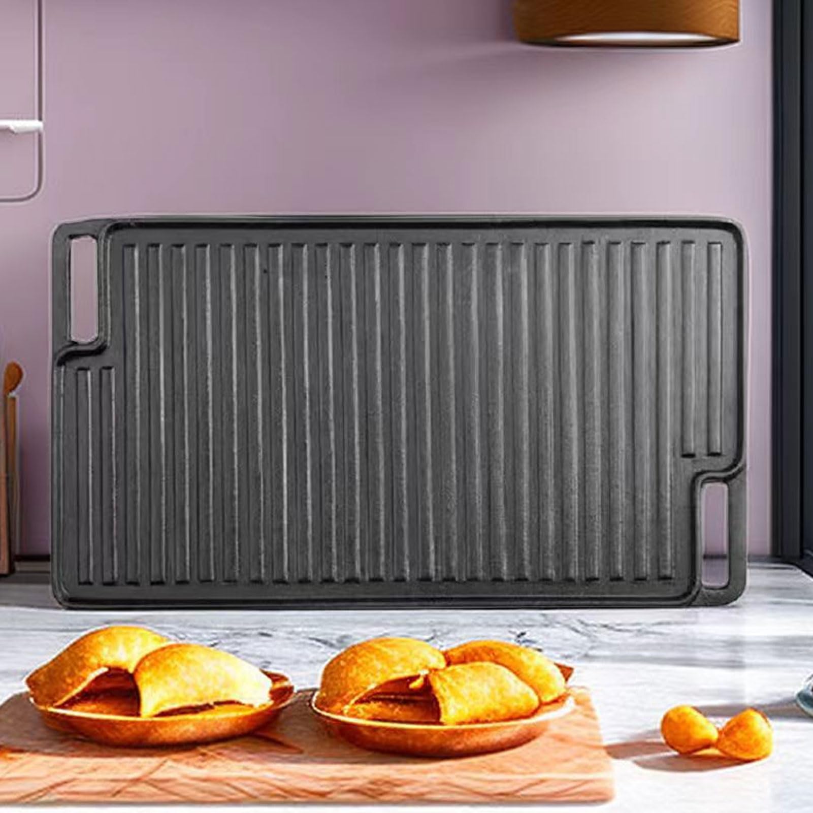 Piastra Reversibile in Ghisa, Bistecchiera a Doppia Faccia 17,9 X 10 Pollici, Calore Uniforme, Superficie di Cottura Piatta e Scanalata, Manici Cavi per Fornelli, Forno, Barbecue da