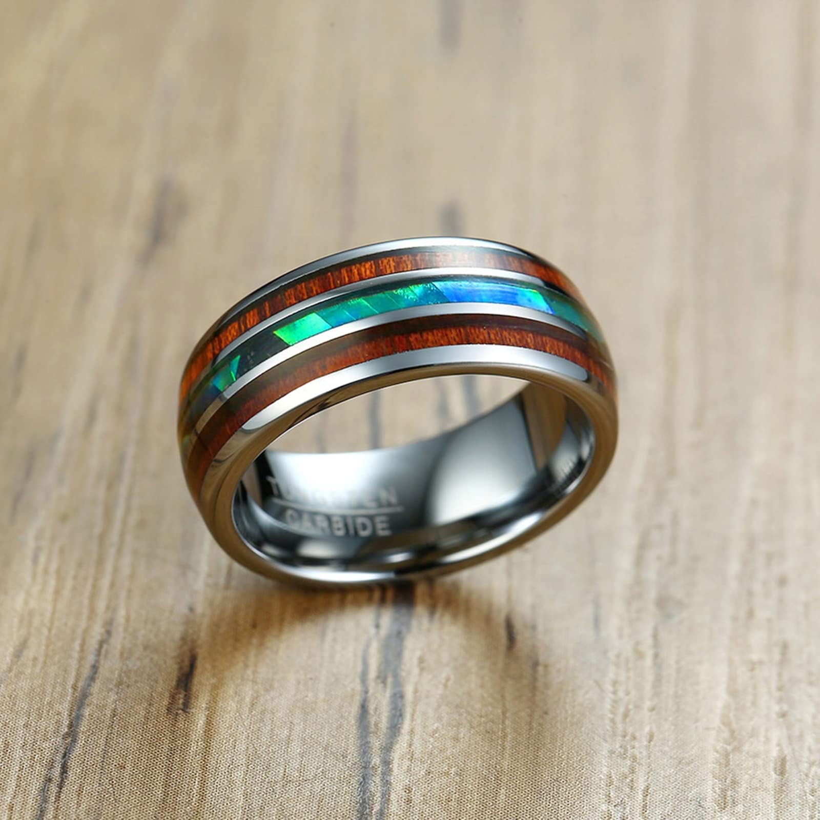Gualiy Anello Tungsteno Uomo, Anello Uomo Hiphop Anello in Legno e Conchiglia Largo 8 mm Anello Taglia 17 a 27