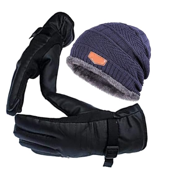 Hind Home Fur Cap And Leather Black Warm Snow and Wind Proof Formal and Casual Winter Gloves for Men Boy Adult Protective Warm Caps & Gloves Combo Set