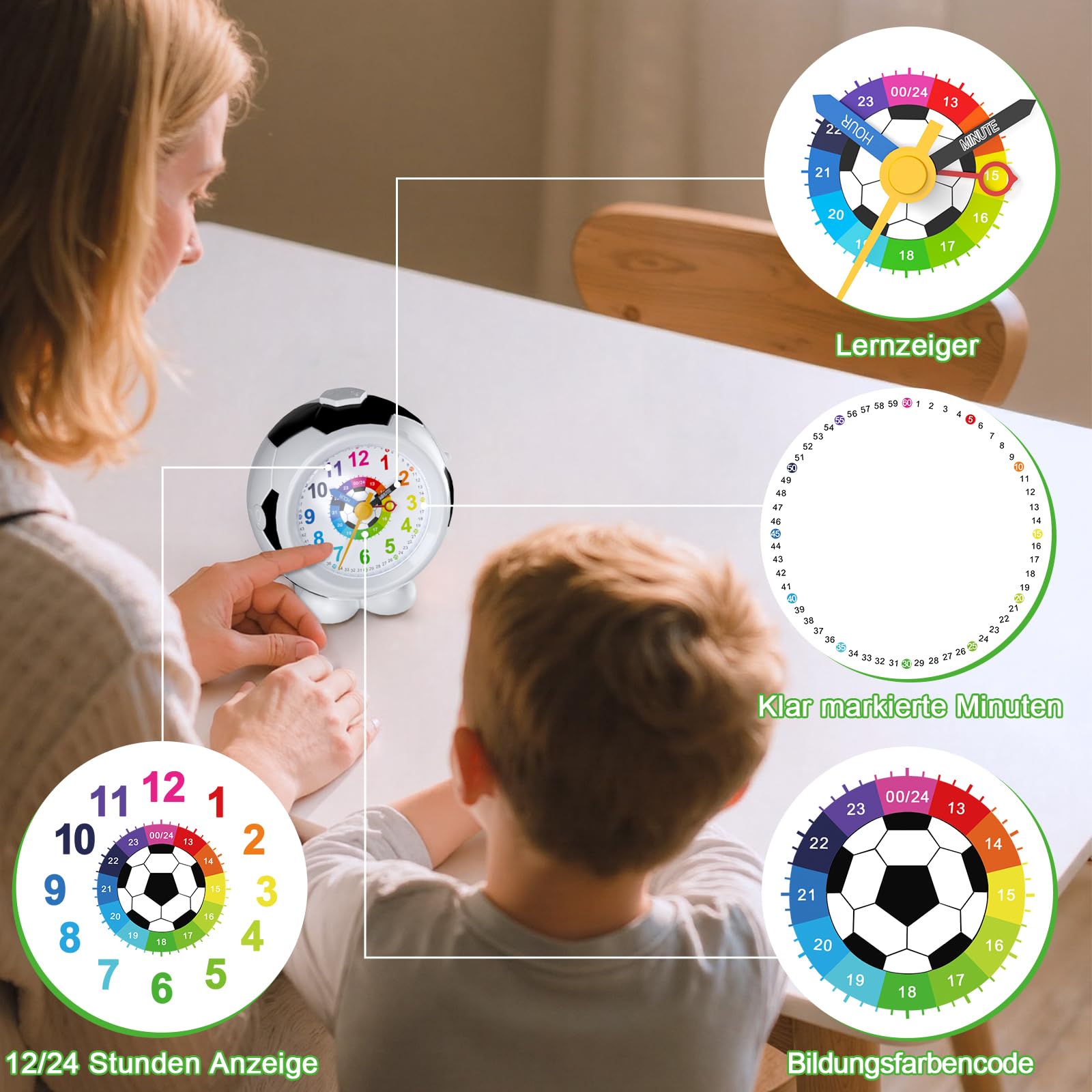 Réveil Enfant Football Garçon Fille Horloge Pédagogique Analogique Silencieux sans Tic-Tac avec Veilleuse Snooze Antidérapant Idée Cadeau Éducatif 5-12 Ans