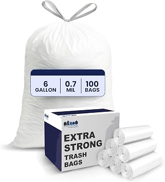 Plasticplace 6 Gallon Trash Bags White Drawstring Garbage Can Liners, 17 x 20, 100 Count, for Bathroom Kitchen Office Car Small Trash Bags, Leak-Proof & Tear-Resistant