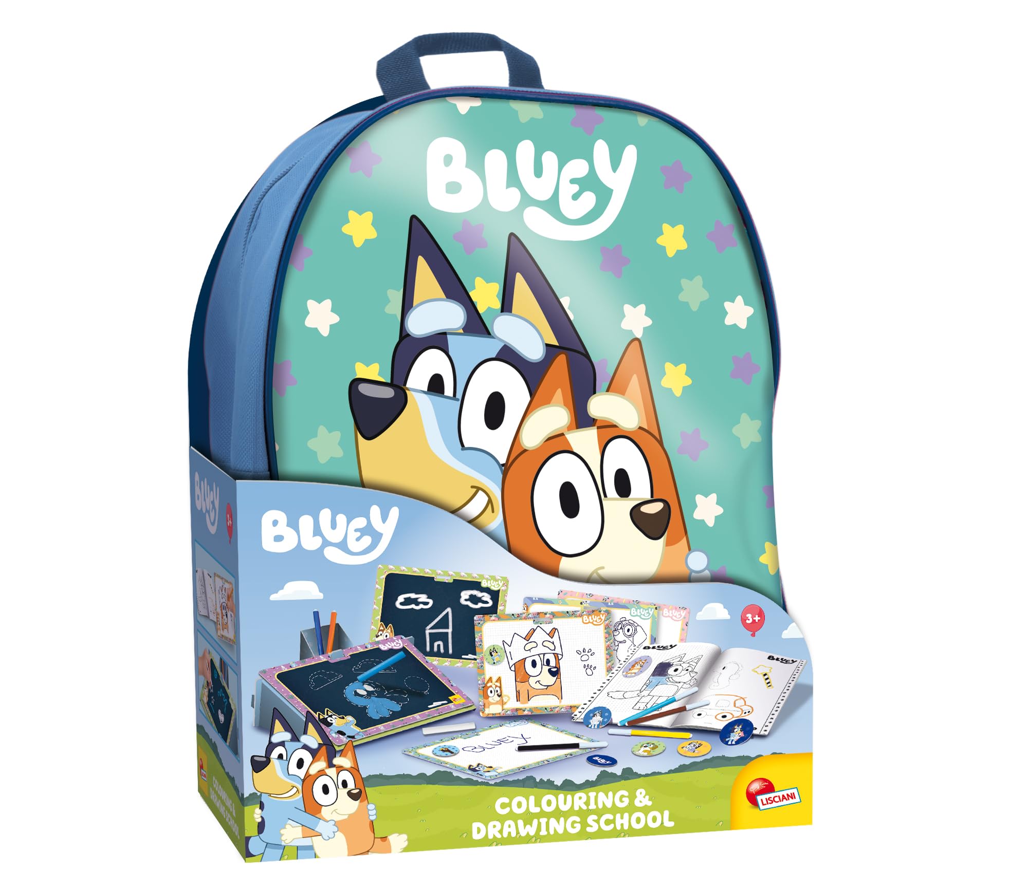 Lisciani - BLUEY: Escuela de Colorear y Dibujar - MOCHILA con Kit Creativo - 4 Pizarras Negras y Pegatinas - Listo para la Aventura - Desde 3 años en adelante - Fabricado en Italia