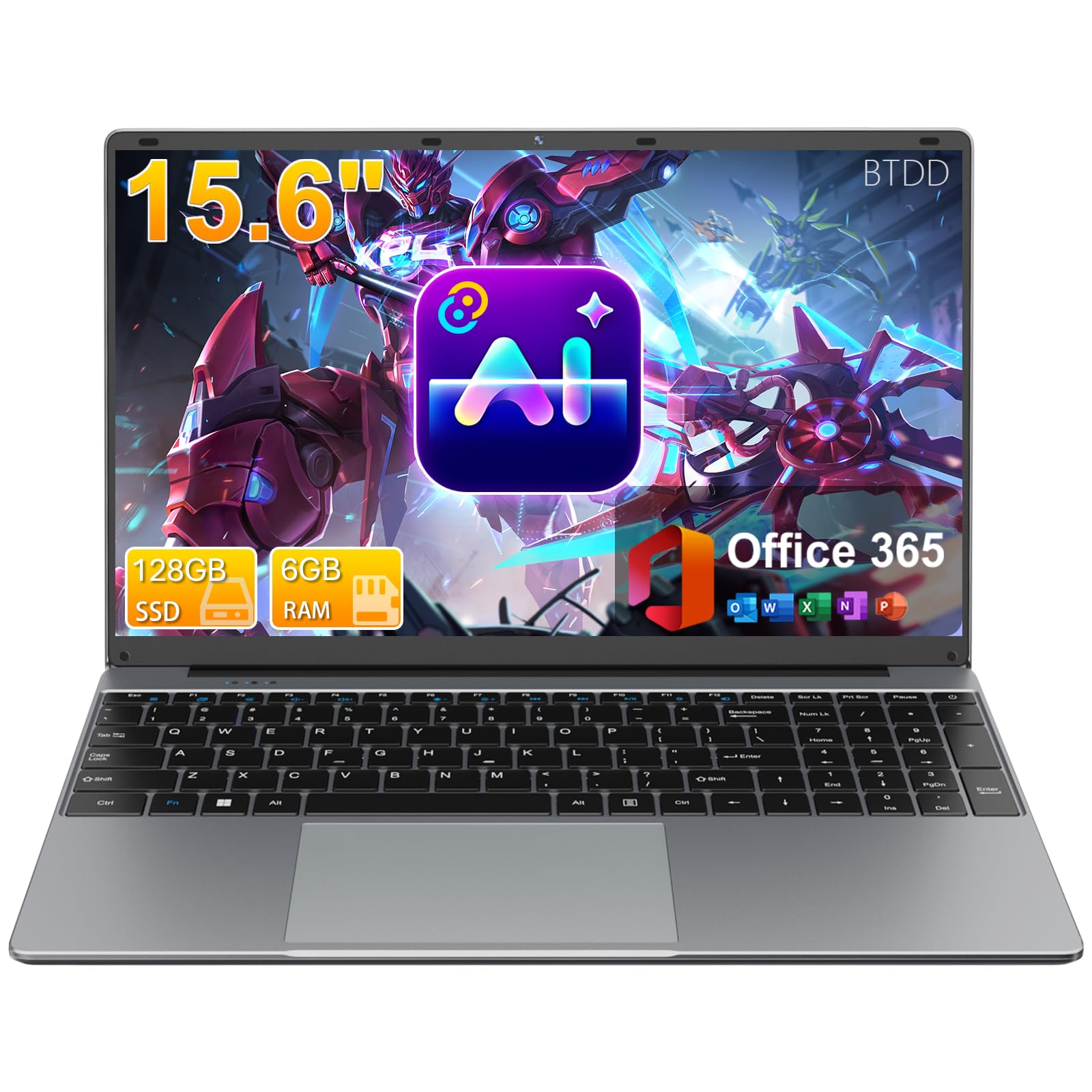 15.6" FHD Laptops with AI Assistant Included, Quad-Core Processor | 1 Year Office 365, 6GB RAM 128GB SSD, 180°Viewing, USB-C, 1920x1080, 53.2Wh, for Business and Student Gray