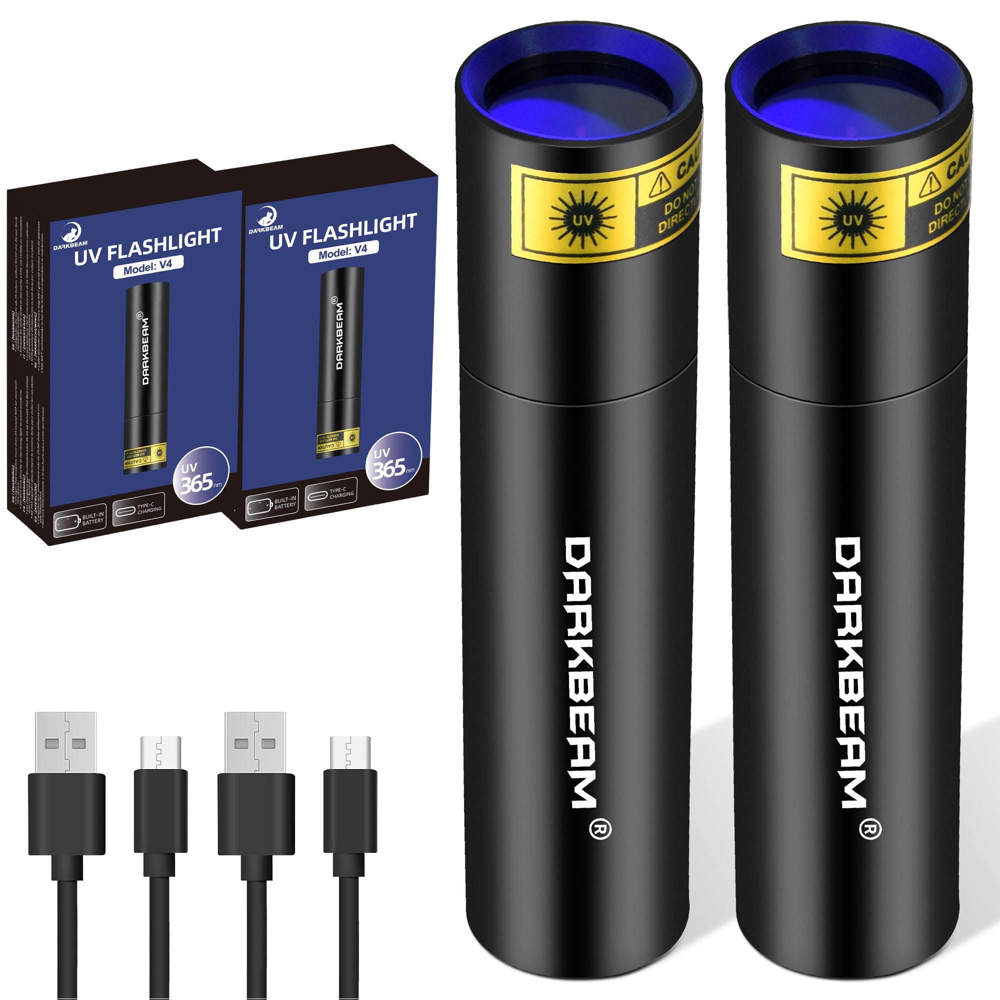 DARKBEAM Torcia UV 365nm Ultravioletta Luce Nera, Lampada di Wood Mini Portatile Potente Blacklight Ricaricabile USB, per Rilevare di urina animale domestico, vetro all'uranio, ambra, resina, 2 Pezzi