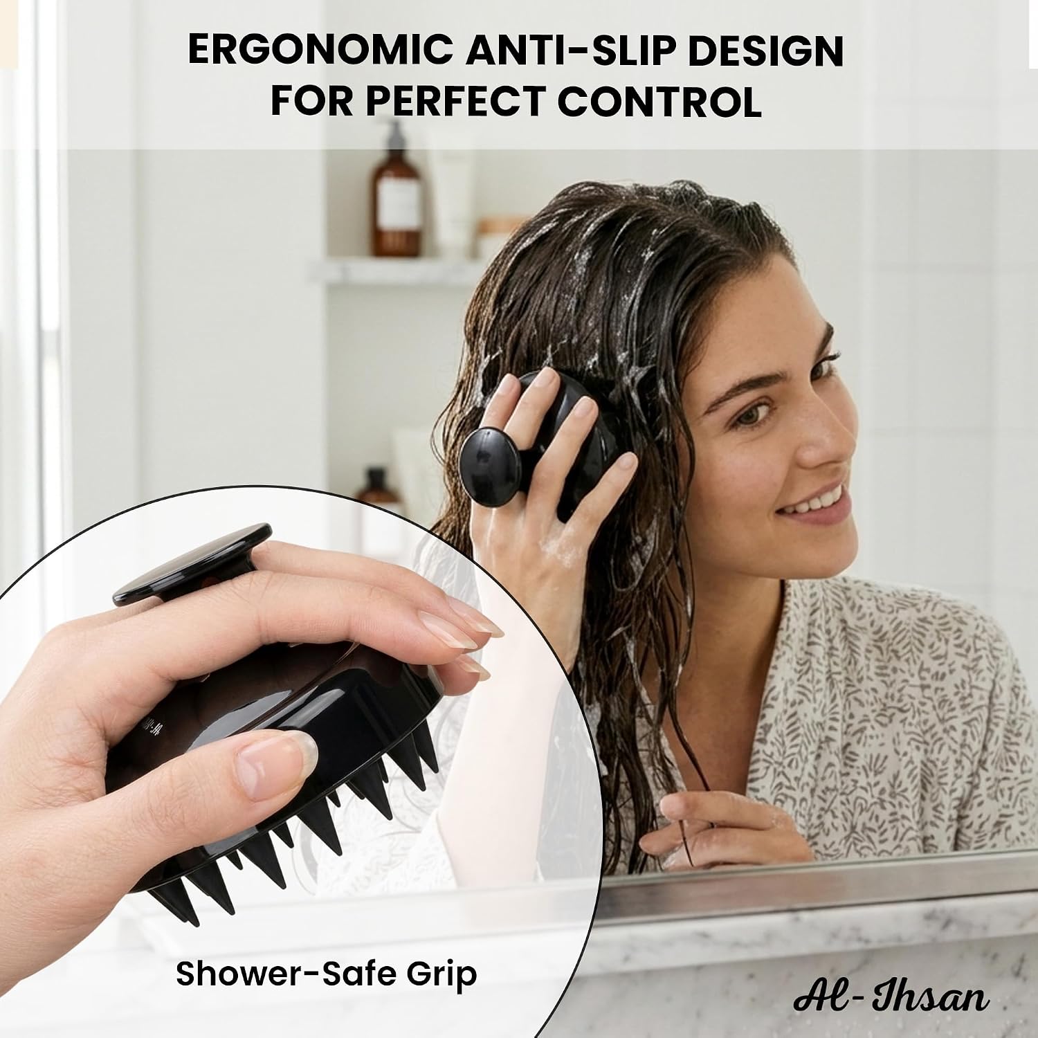 AL-IHSAN Scalp Massager Shampoo Brush - Soft Silicone Bristles Scalp Brush for Hair Growth - Hair Scrubber for Exfoliation and Dandruff Removal - Stress Relief Head Massager for All Hair Type – Black