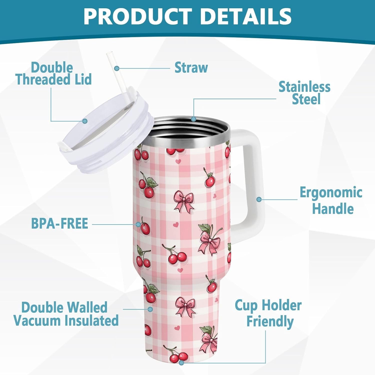 Pink Cherry and Bow Pattern 40 oz Tumbler with Handle Straw Lid | Insulated Cup Reusable Stainless Steel Water Bottle Travel Mug Cupholder Friendly | Gifts for Women Men Him Her | Trek Colle - Image 4