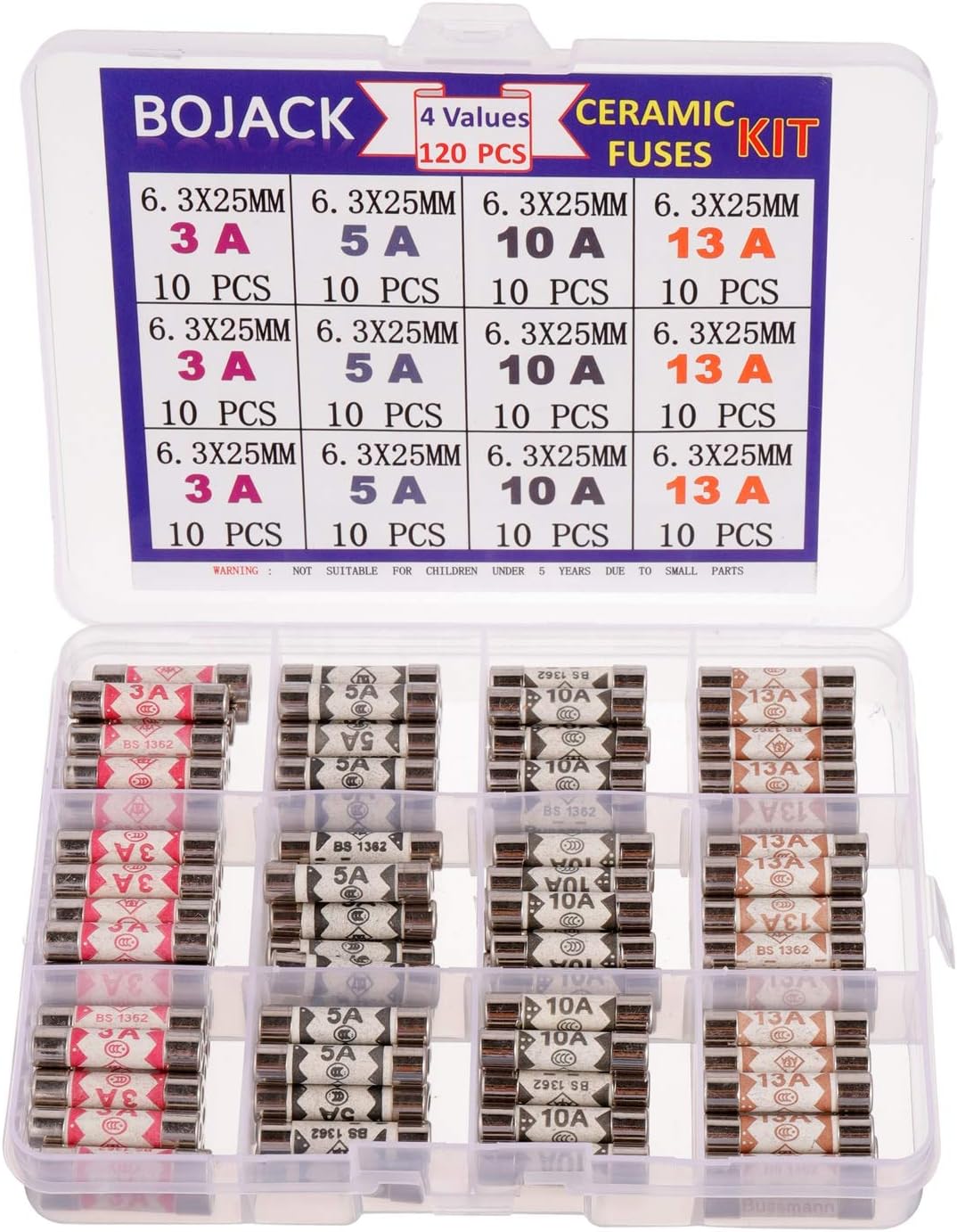 BOJACK 4 Values 120 pcs 3 5 10 13 A amp 240 V Volt Household Mains Plug Fuse 6.3x25 mm 0.25x1Inch BS1362 Ceramic Tube Cartridge Fuses Assortment Kit packag in a Clear Plastic Box