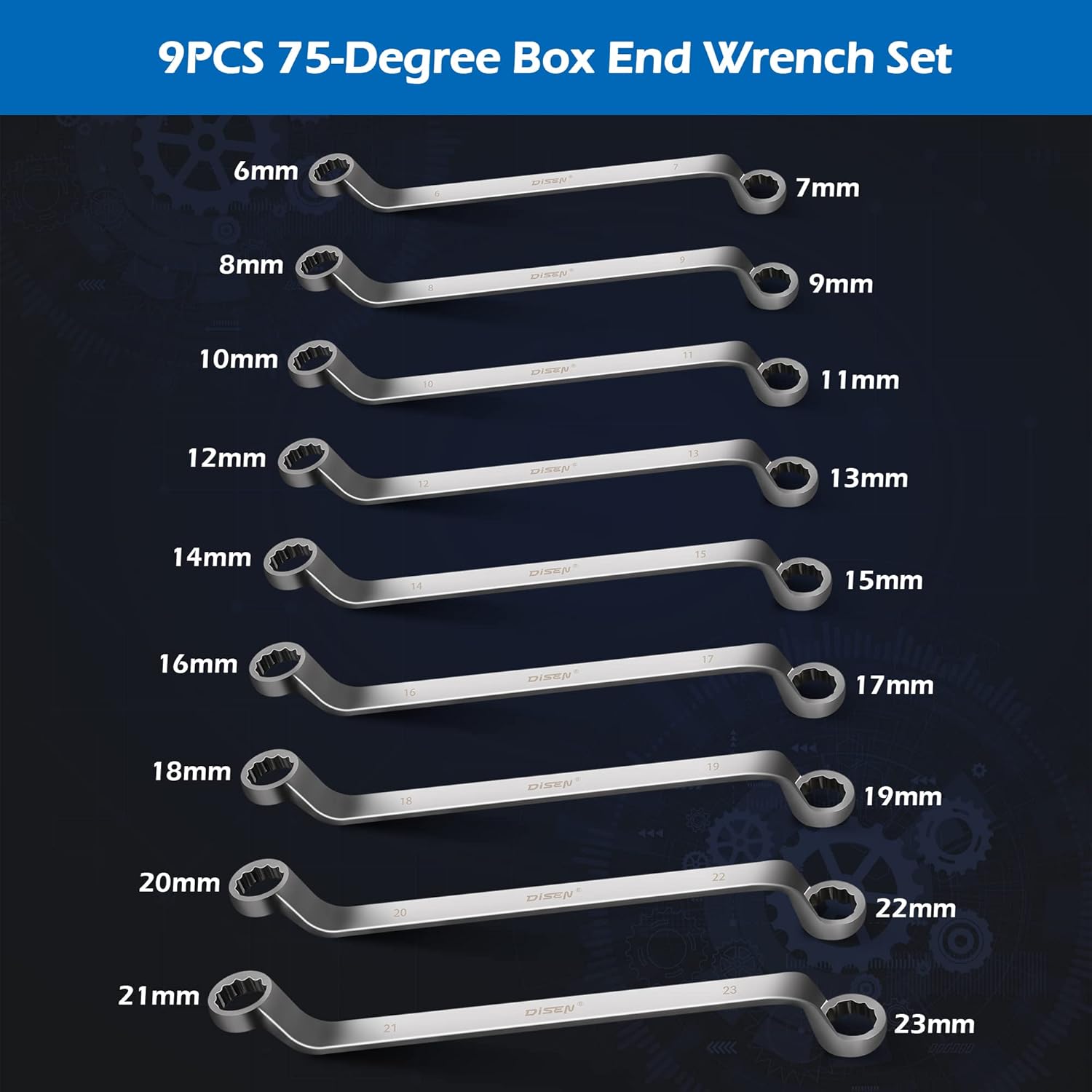 DISEN 9pcs Offset Wrench Set Metric 6-23mm, Box Wrench Set 75-Degree, CR-V Steel, Organized in Rolling Pouch