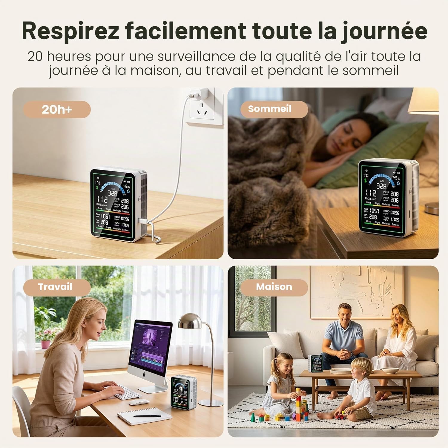 Moniteur de qualité de l'air intérieur 10 en 1 portable Smartair Testeur de qualité pour CO2 | CO | TVOC | HCHO | Temp | AQI | PM0.3-1 Hum de détection Hum pour la maison, les voitures, les plantes