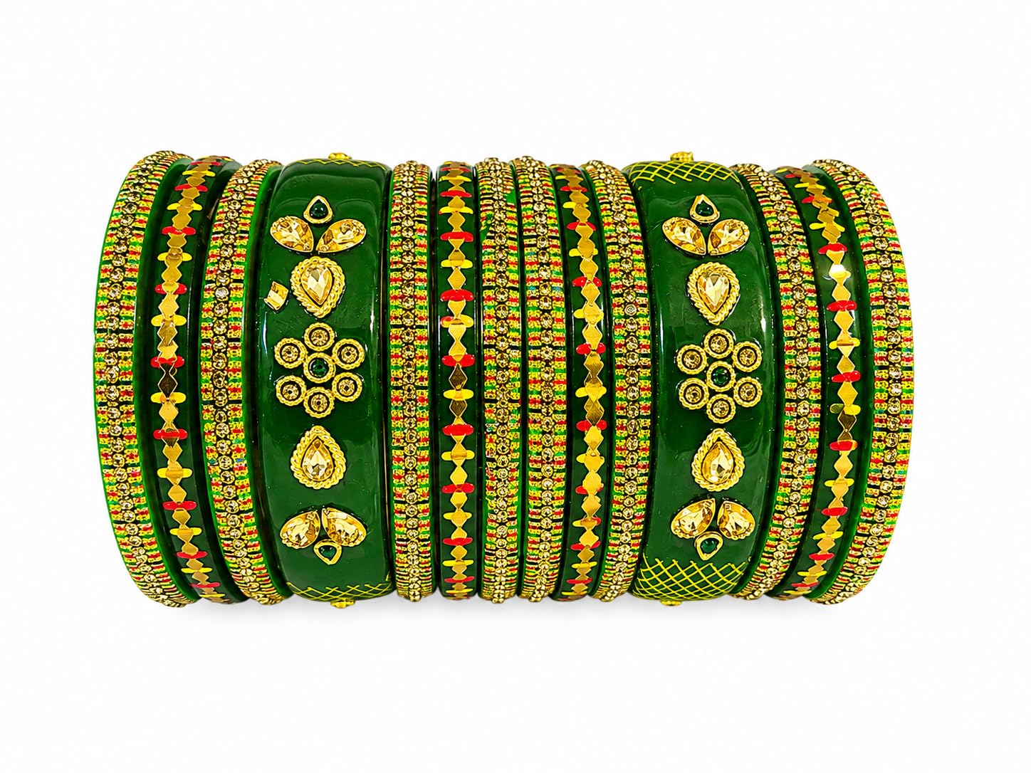 swara creations Lah/Lac bangles red and yellow color Set, LAHTHI Churi zircon work for Women and Girls(14pcs)-picture-41