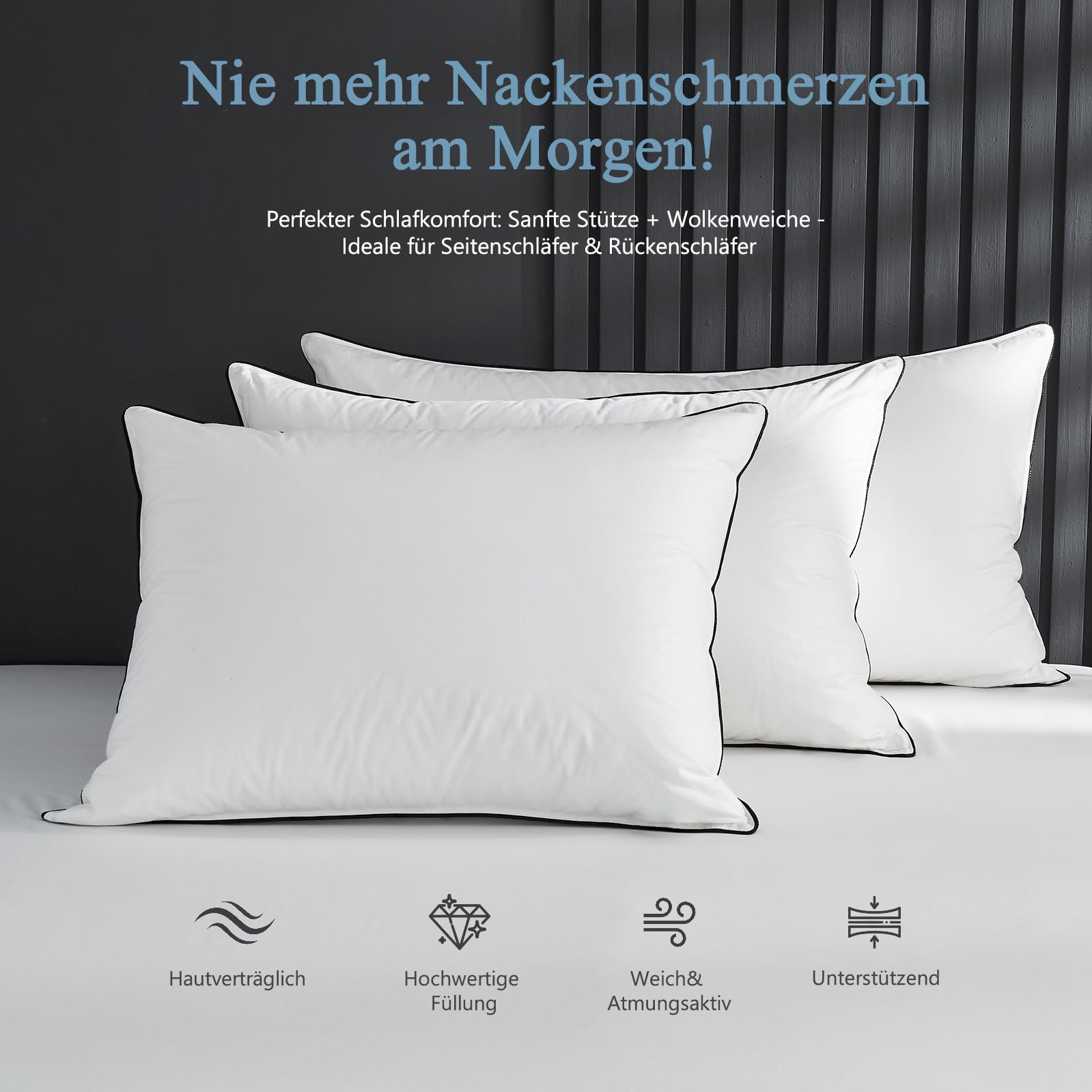 3-Kammer-Kopfkissen mit Daunen-Federn-Füllung 80 x 80 cm (1 Stück) | 100% Bio-Baumwollbezug | Hochwertiges Hotelkopfkissen | Schlafkissen | Mittlere Stützkraft