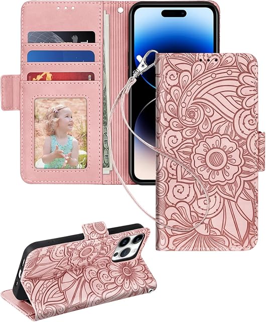 Petocase for iPhone 14 Pro Wallet Case,Embossed Mandala Floral Leather Folio Flip Wristlet Shockproof Protective ID Credit Card Slots Holder Cover for iPhone 14 Pro 6.1inch Rose Gold