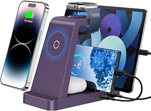 GAUOLN Wireless Charger for iPhone - 5 in 1 Charging Station for Multiple Devices Apple: Fast Wireless Charging Stand Dock for iPhone 17 16e 16 15 14 13 12 Pro Max Apple Watch Airpods(Purple)