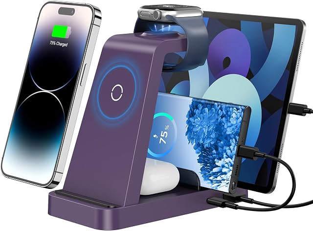 GAUOLN Chargeur sans fil pour iPhone - 5 en 1 Station de recharge pour appareils multiples Apple: Portail de recharge sans fil rapide pour iPhone 17 16e 16 15 14 13 12 Pro Max Airpodes de montre d'Apple (Purple)