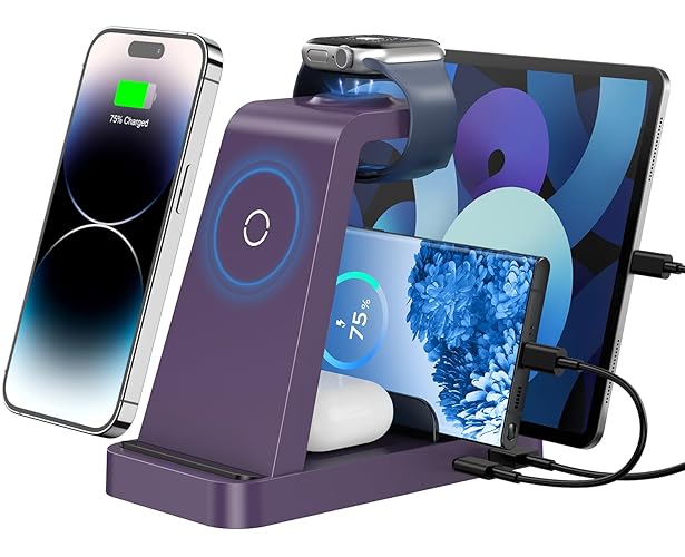 Wireless Charger for iPhone - 5 in 1 Charging Station for Multiple Devices Apple: Fast Wireless Charging Stand Dock for iPhone 16e 16 15 14 13 12 Pro Max Apple Watch Airpods (Purple) - Purple