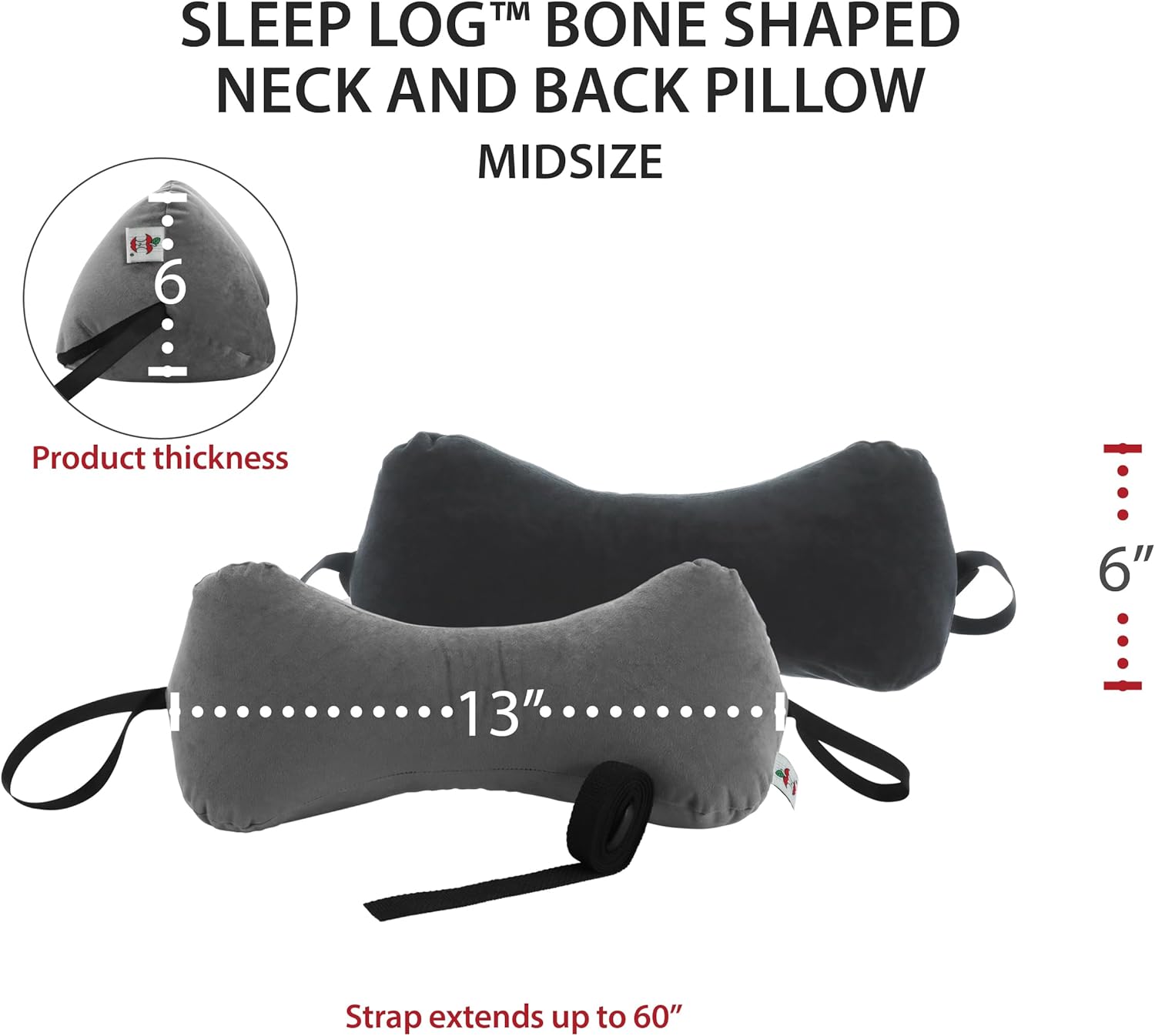 Core Products Sleep Log Bone Shaped Chiropractic Neck and Back Pillow for Cervical Support, Adjustable Firmness, Midsize - Travel or Use at Home, 13" x 6" x 6", 60" Strap