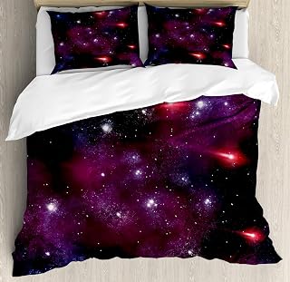 Ambesonne Space Duvet Cover Sets, 4 Comet on The Sky Stardust Meteor Shower Wish Halo Scenery, Bedding Set with 2 Duvet Covers & 2 Pillowcases, 2 Pack Twin Size, Magenta Blue