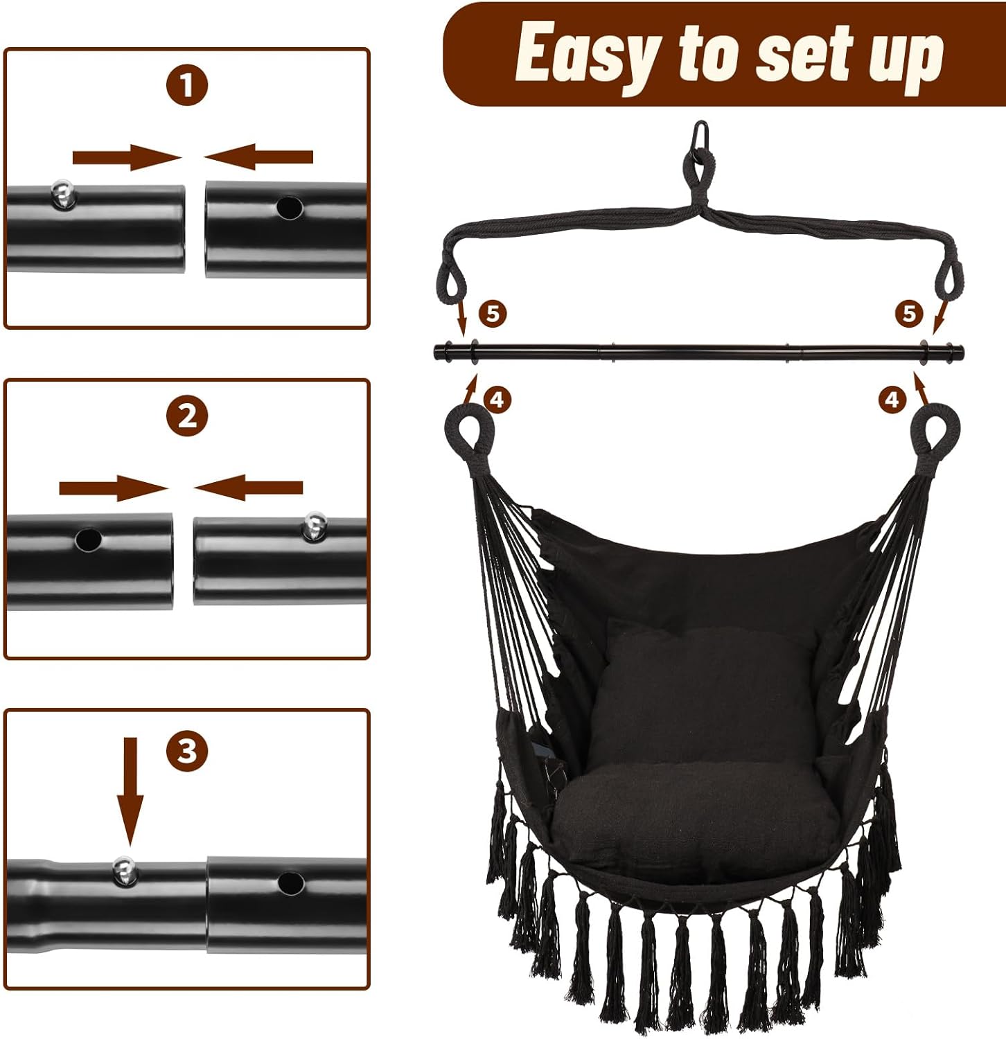 Hammock Chair Hanging Rope Swing with Stylish Tassels - Max 500 Lbs - 2 Cushions Included - Heavy-Duty Steel Spreader Bar with Anti-Slip Rings - for Any Indoor or Outdoor Spaces (Grey)