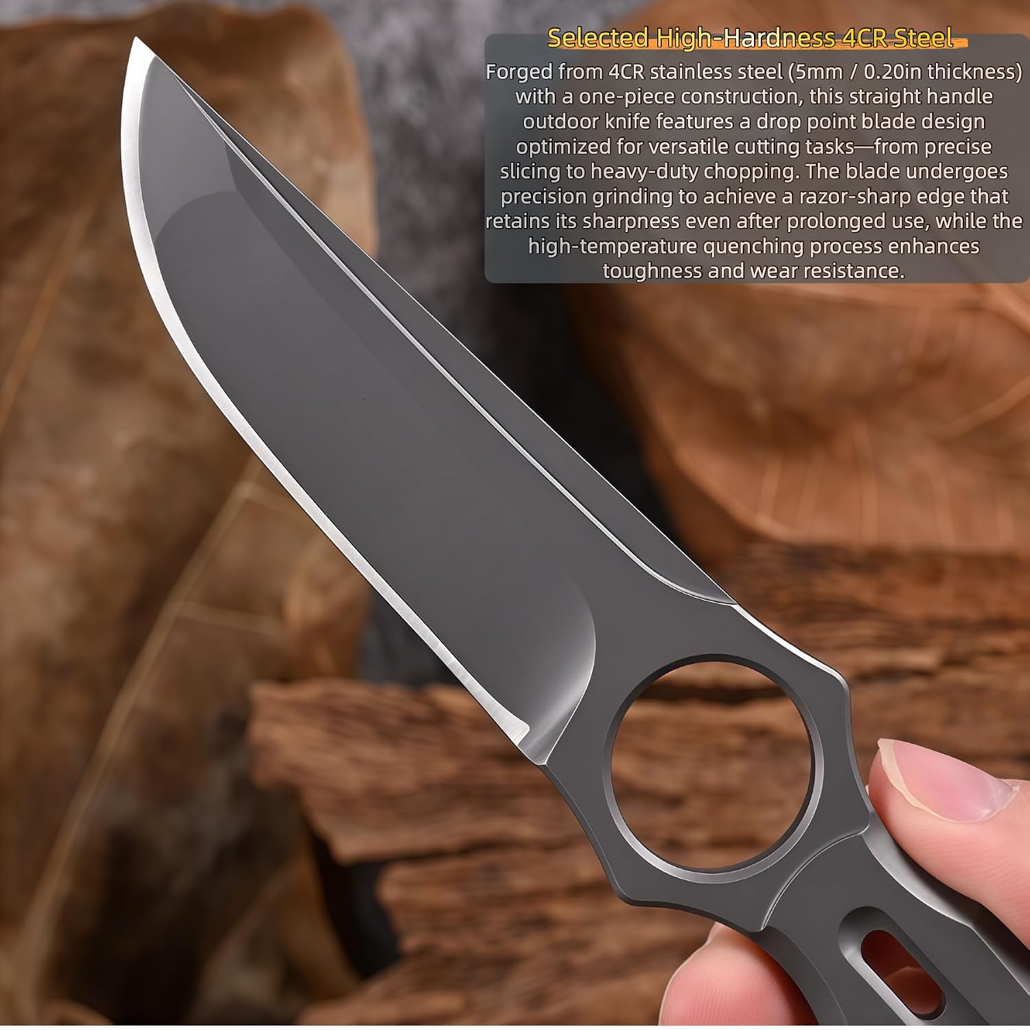 4CR Stainless Steel Fixed Blade Knife (57 HRC) - Full Tang Neck Knife with Pinky Ring & Kydex Sheath, Lightweight Outdoor Survival EDC Tool, Knives, Long-Lasting, Camping Knife, Gift For Men