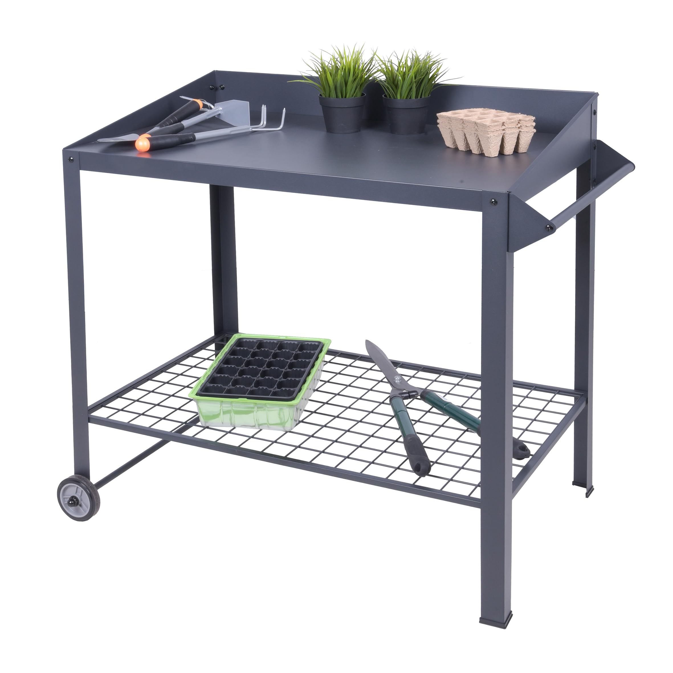Spetebo Metalowy stół na rośliny na kółkach – 90 x 55 cm – ogrodniczy stół z półką z siatki