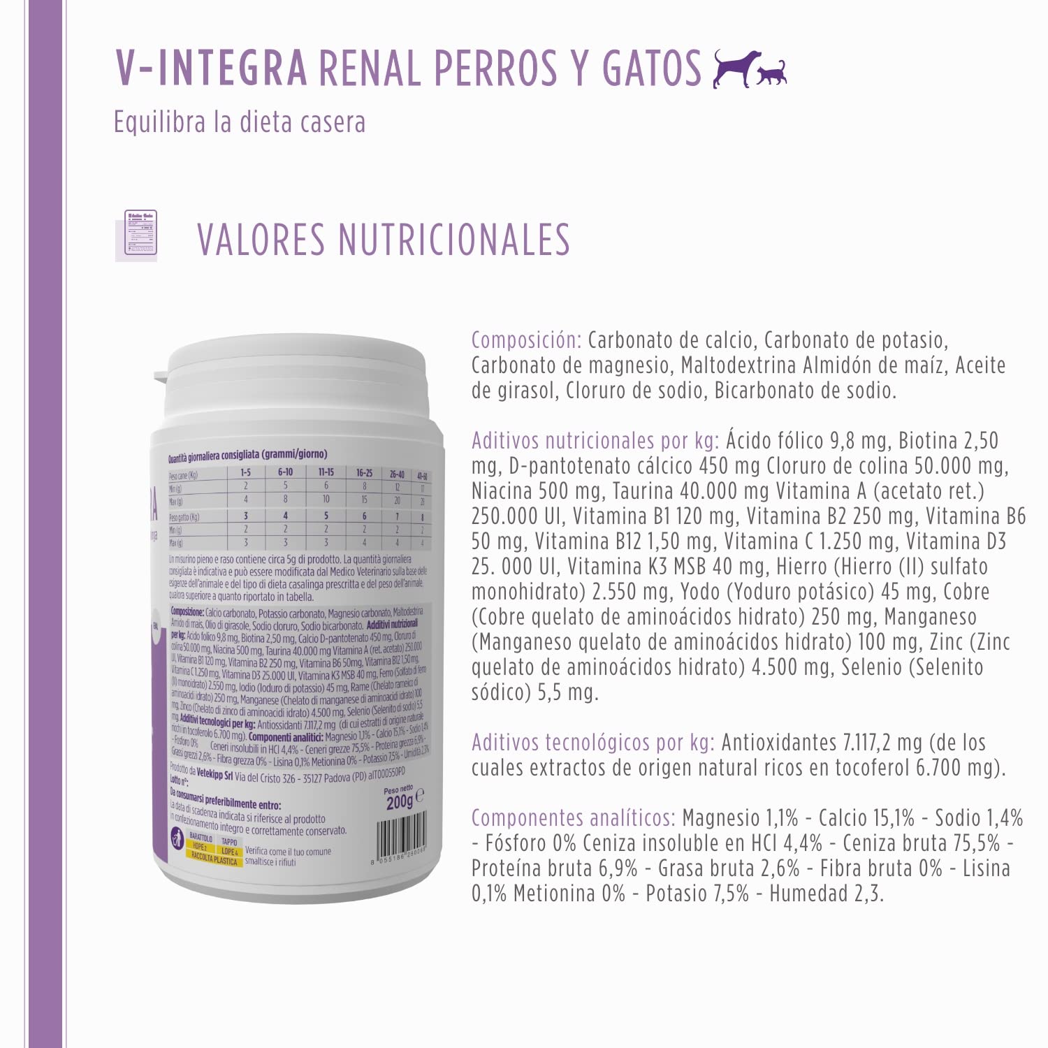 V INTEGRA Renal 200g, Suplemento de Vitaminas y Minerales para Equilibrar Dieta Casera de Perros y Gatos Que Requieren Restricción de Fósforo, Vitaminas para Perros y Gatos Made in Ita
