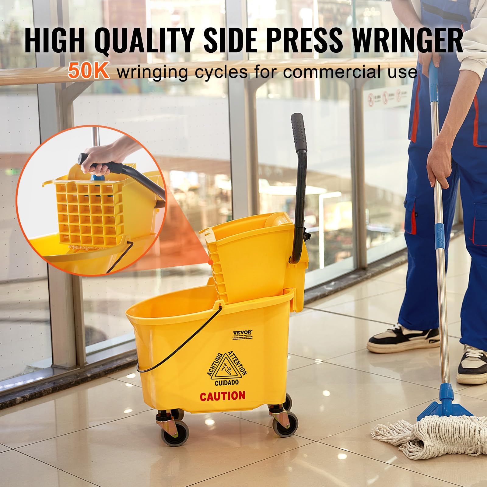 VEVOR Wischeimer Moppeimer mit Wringer, 26 QT Gewerblicher Wischeimer mit seitlicher Presspresse, Gelb