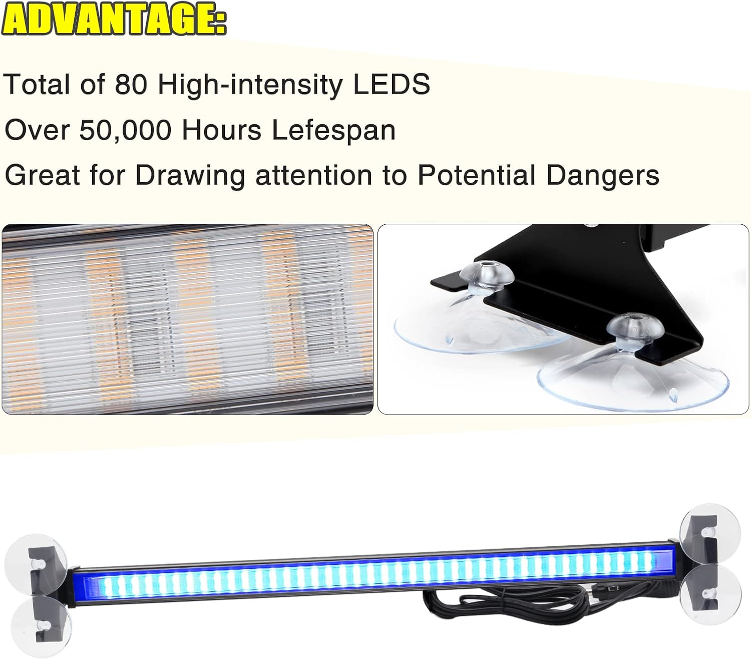 Clidr Emergency Traffic Advisor Strobe Lights 80 Led Strobe Light Bar Safety Hazard Warning Interior Windshield Dash Lights Deck Split Mount for Construction Vehicles Trucks (Blue)