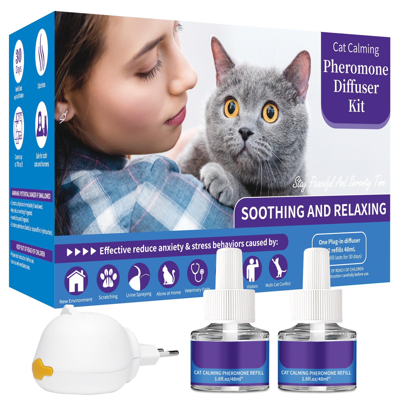 Difusor de Feromonas para Gatos - Enchufe Calmante para Relajación, Kit con 1 Difusor + 2 Recargas de 48ml - 60 Días de Confort