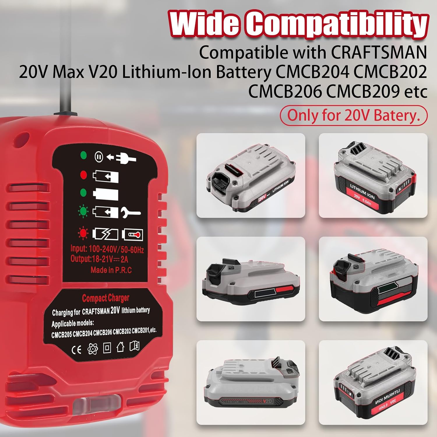 for Craftsman 20V Battery Charger, Rapid Charger Compatible with 20V Battery CMCB201 CMCB209 CMCF820,for Craftsman V20 Battery Charger (Not for 19.2V Battery) image 3