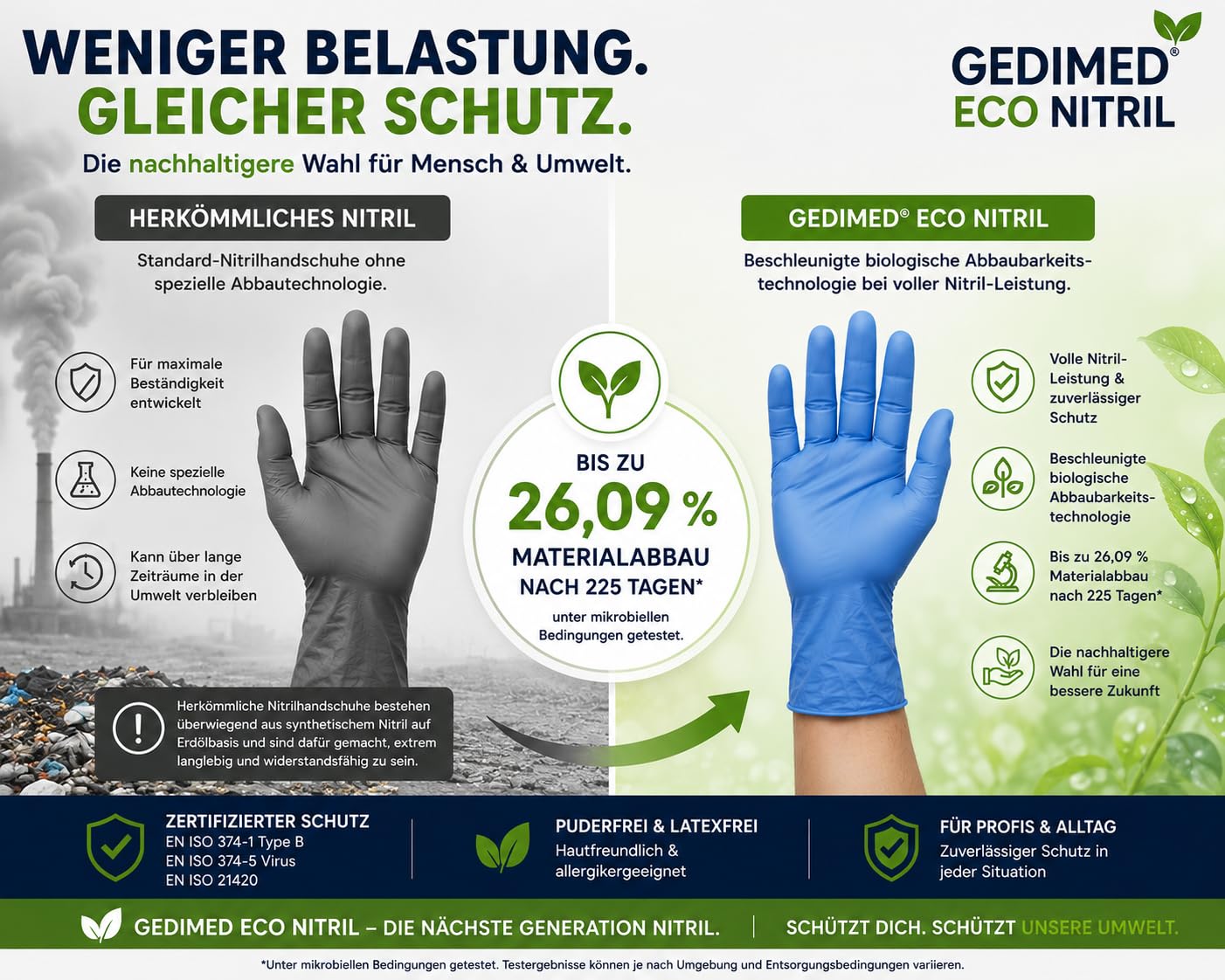GEDIMED ECO Nitrilhandschuhe Blau 100 Stück – Biologisch abbaubare Nitrilhandschuhe, puderfrei & latexfrei, reißfest, Einweghandschuhe für Hygiene, Gastronomie, Kosmetik & Reinigung (1000, S)