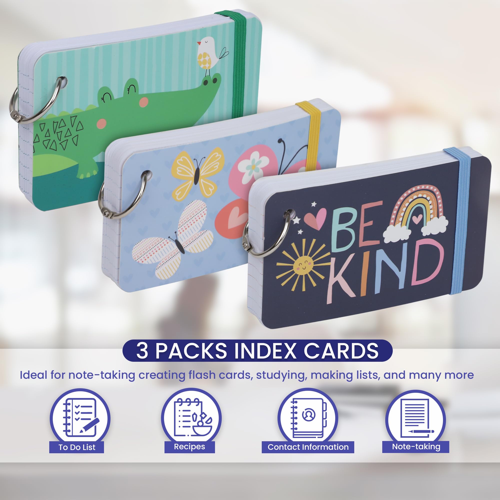 3x5 Inch Ruled Index Cards With Ring - 75 Cards Per Pack, Elegant Hard Cover, Elastic Band
