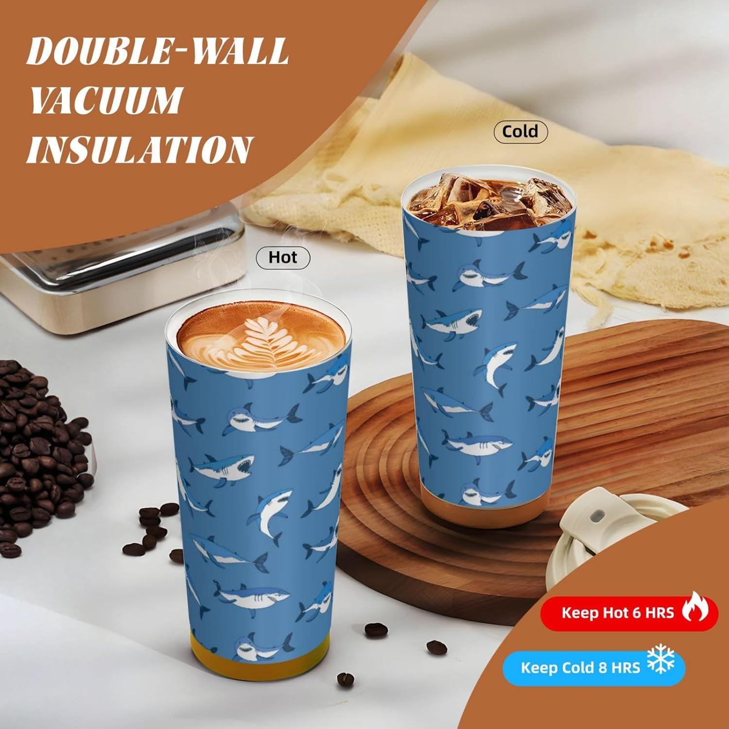 Shark Insulated Coffee Tumbler with Lid Blue Stainless Steel Travel Coffee Mug Vacuum Insulated Reusable Cup Water Bottle