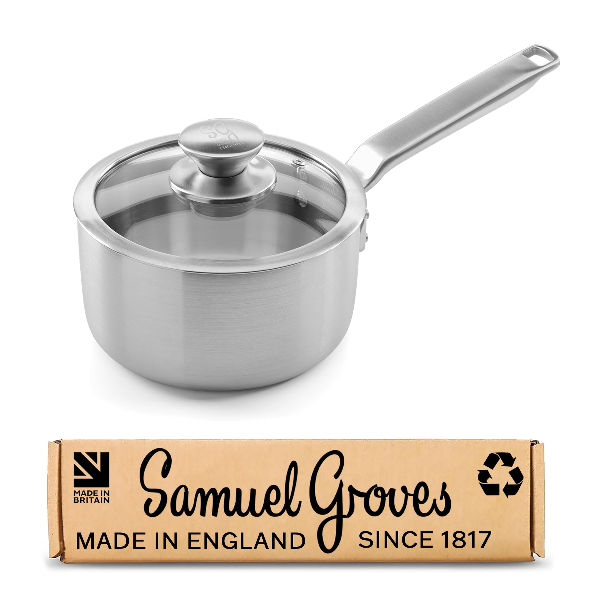 Samuel Groves 16cm Stainless Steel Tri-Ply Saucepan with Lid, Elegance Range UK Made Sauce Pan, PFAS-Free Uncoated Stainless Steel, Induction Compatible, Oven Safe, Handmade Professional Cookware