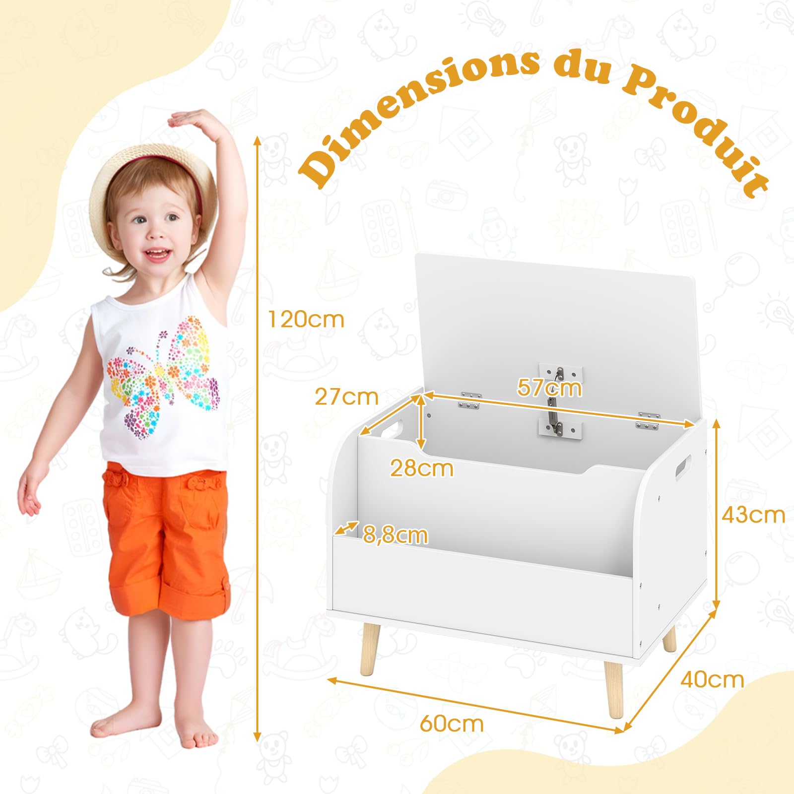 COSTWAY Coffre à Jouet Enfant avec Couvercle Rabattable et Bibliothèque Frontale, Coffre de Rangement Enfant avec 4 Pieds en Pin, Charnière de Sécurité, Organisateur pour 3 Ans+, 60x40x43cm (Blanc)