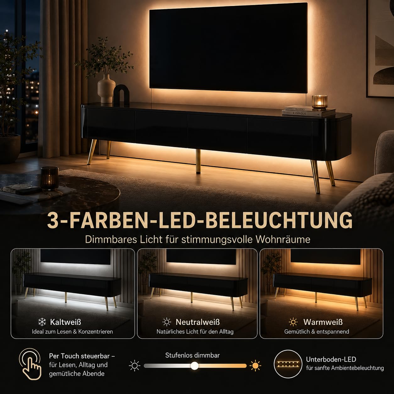 Mobile TV basso nero lucido con LED a 3 colori, 140 x 24 x 36 cm, da appoggiare o da parete, mobile TV con cassetto, scomparti laterali e gambe dorate