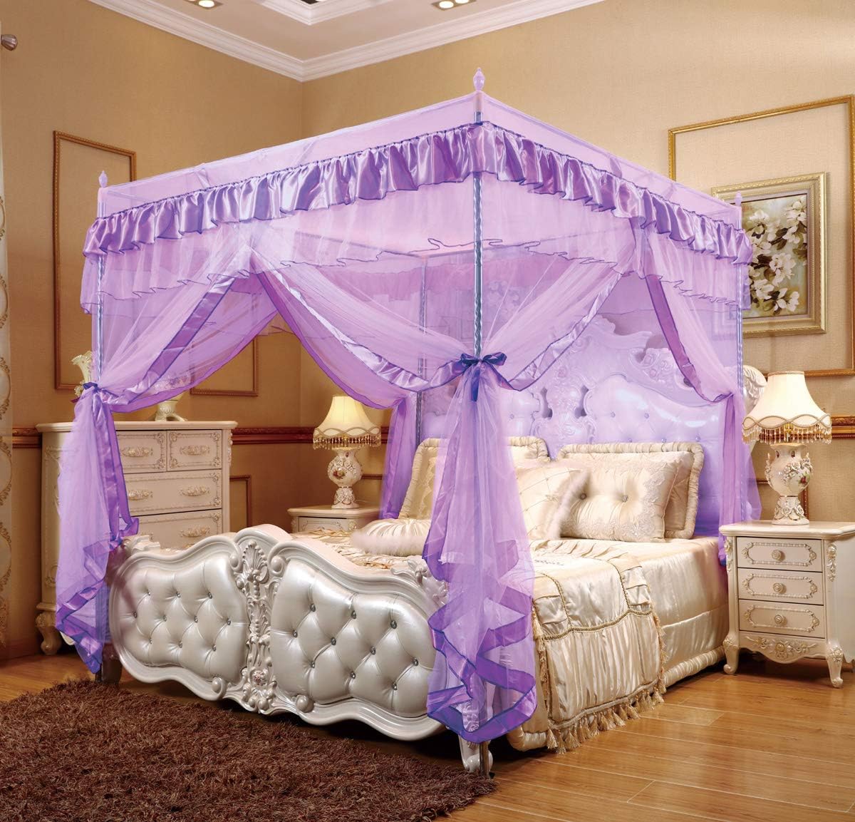 Mengersi Bed Canopy for Girls,Canopy Bed Curtains Cozy Drapes Bed Netting Girls Room Decor(Twin Extra Long,Purple)