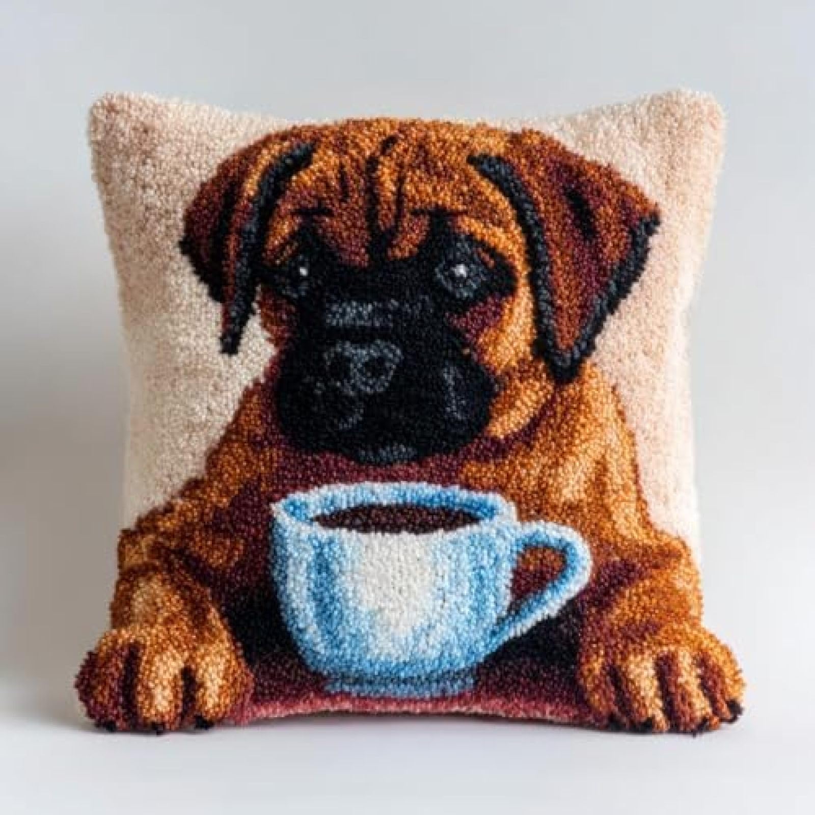 kitphoenix Latch Hook Cushion Cover Kit for Adults,Bullmastiff Dog Drink Coffee,DIY Pre-Printed Punch Needle Embroidery Kit 43x43cm with Yarns & Hooks,Beginner Craft Gift for Women