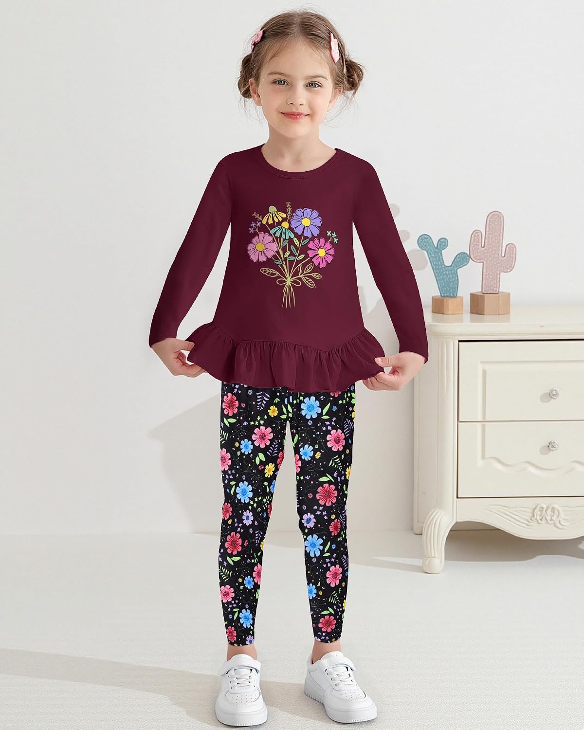 CARETOO Toddler Girl Clothes Girl 2pcs Fall Winter Outfit Ruffle Hem Top and Full-print Patterned Pants 2-7 Years